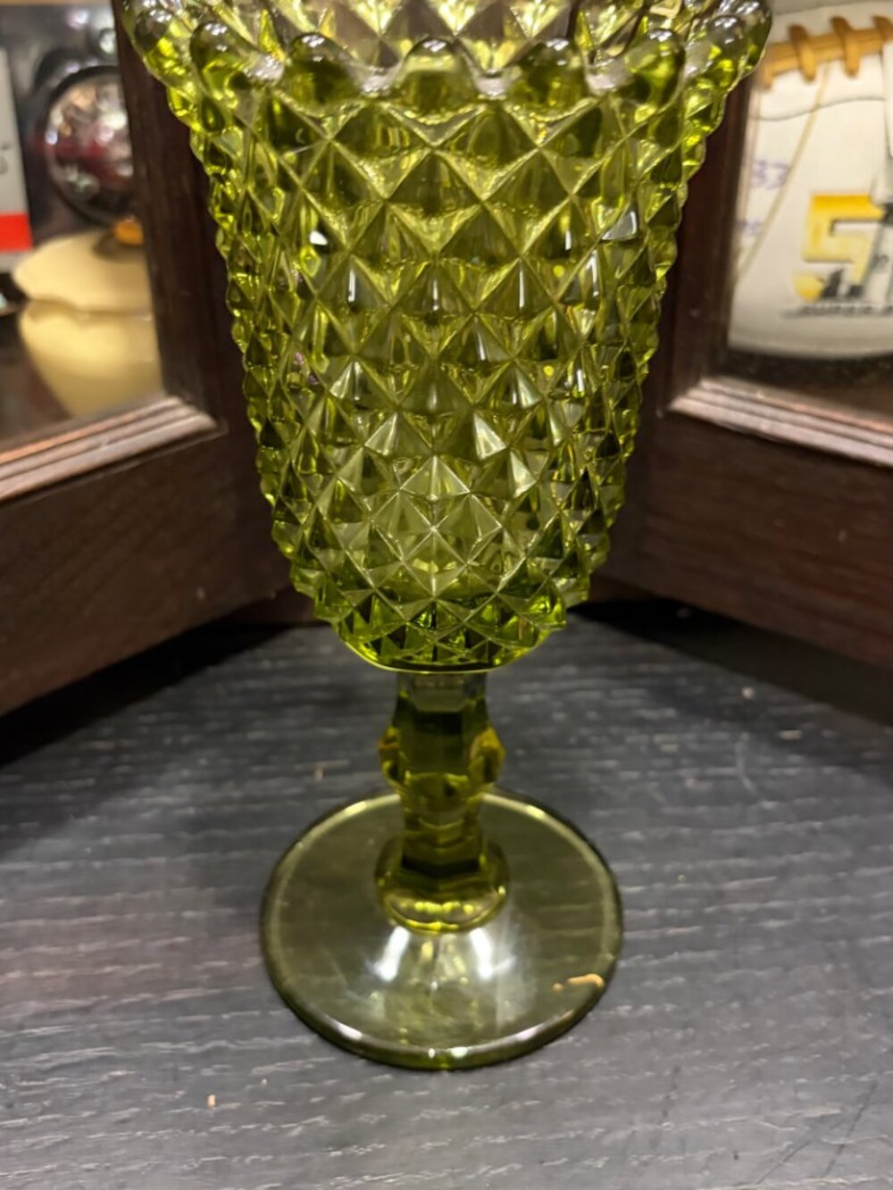 Vintage Olive Green Diamond Point Pressed Glass Pedestal Vase